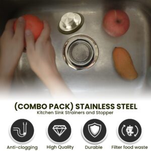 (Combo Pack) Stainless Steel Kitchen Sink Strainer and Stopper - 4.5” x 2.75” x 1” Strainer and 3.35” x 1.18” Stopper- Strainer with 2 mm Holes and Stopper with Strong Rubber Seal and Round Knob Grip