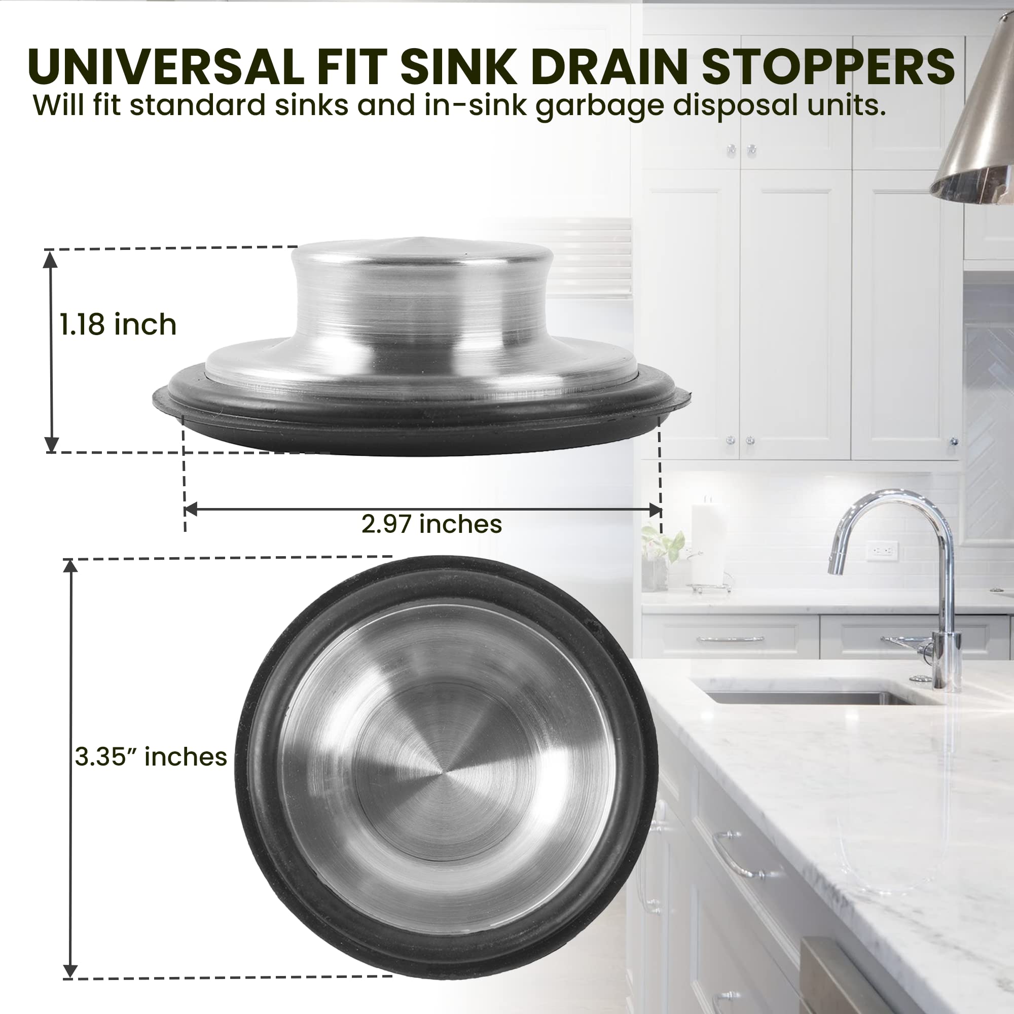 (Combo Pack) Stainless Steel Kitchen Sink Strainer and Stopper - 4.5” x 2.75” x 1” Strainer and 3.35” x 1.18” Stopper- Strainer with 2 mm Holes and Stopper with Strong Rubber Seal and Round Knob Grip