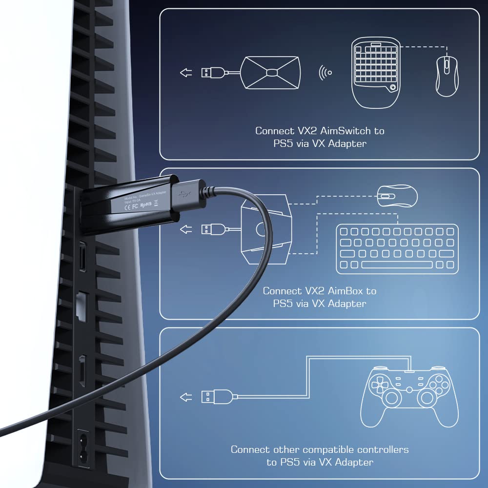 GameSir Wireless Adapter for PS5, VX Adapter Keybaord and Mouse Converter Guide for Xbox Controller, Nintendo Switch Pro Controller, VX2 Box, VX2 Aimswitch