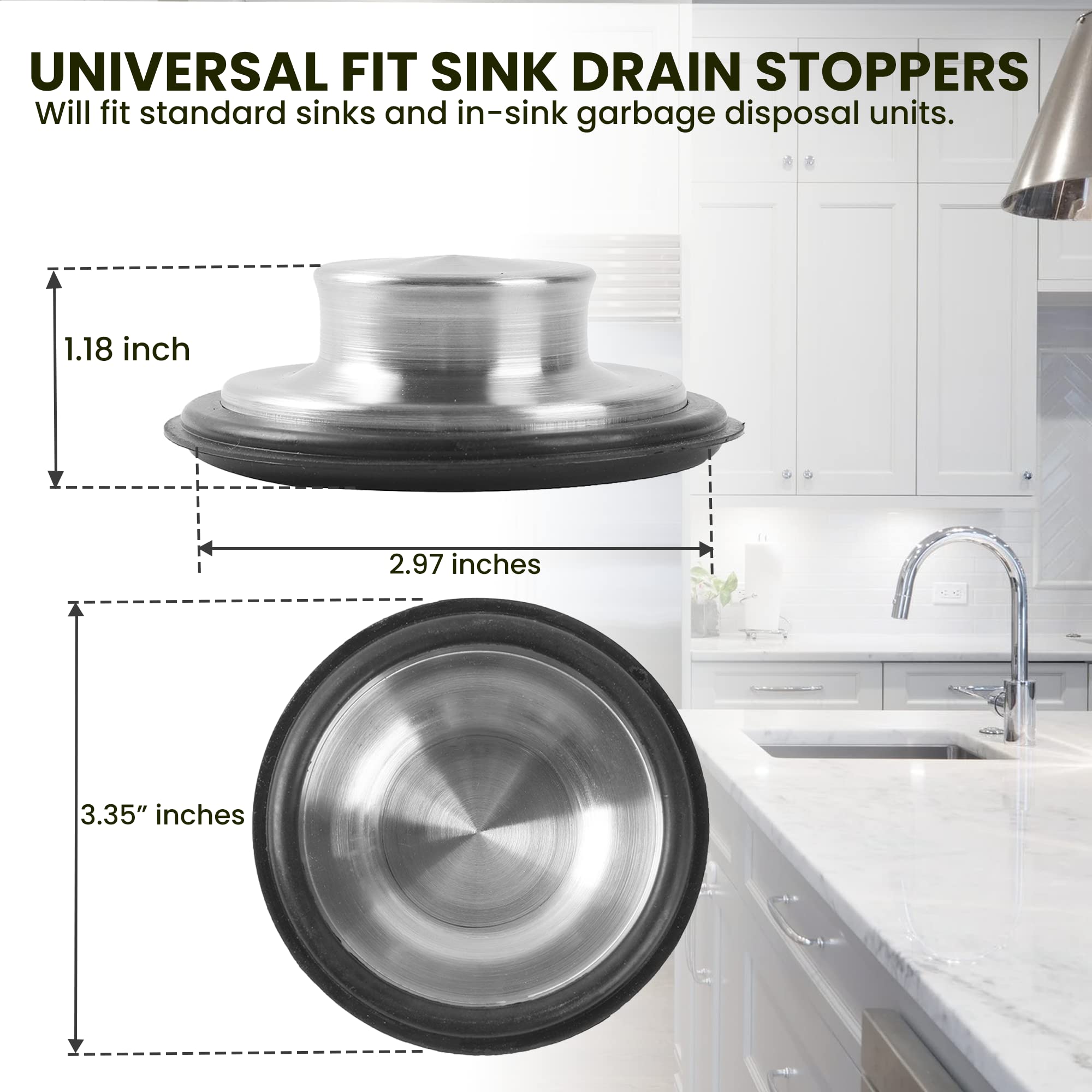 (2-Pack) Stainless Steel Kitchen Sink Stoppers - 3.35” x 1.18” Universal Fit Sink Drain Stoppers- with Strong Rubber Seal and Round Knob Grip - Suitable Replacement for InSinkErator STP-SS Stopper