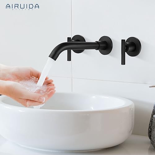 Airuida Matte Black Wall Mounted Widespread Bathroom Sink Faucet Wall Mount Lavatory Faucet Vanity Sink Mixer Tap 2 Handles 3 Holes 360 Swivel Spout with Brass Rough in Valve