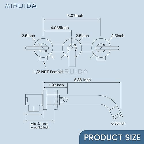 Airuida Matte Black Wall Mounted Widespread Bathroom Sink Faucet Wall Mount Lavatory Faucet Vanity Sink Mixer Tap 2 Handles 3 Holes 360 Swivel Spout with Brass Rough in Valve