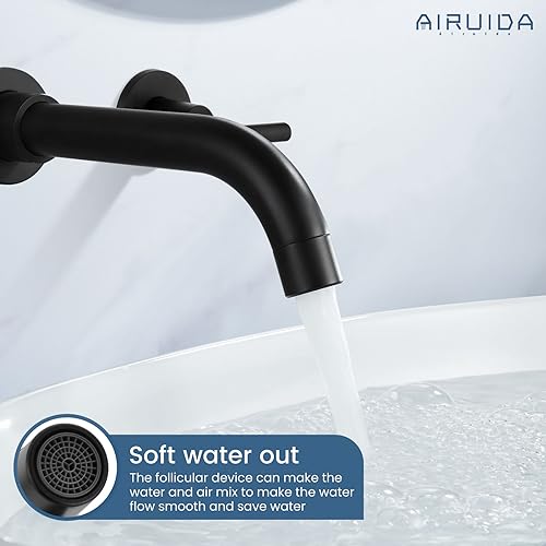 Airuida Matte Black Wall Mounted Widespread Bathroom Sink Faucet Wall Mount Lavatory Faucet Vanity Sink Mixer Tap 2 Handles 3 Holes 360 Swivel Spout with Brass Rough in Valve