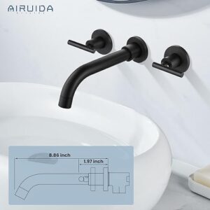 Airuida Matte Black Wall Mounted Widespread Bathroom Sink Faucet Wall Mount Lavatory Faucet Vanity Sink Mixer Tap 2 Handles 3 Holes 360 Swivel Spout with Brass Rough in Valve