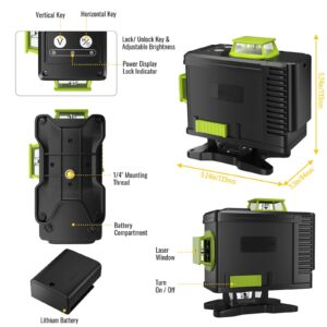 16 Lines Laser Level Self Leveling 4x360 4D Green Cross Line Laser Level with 2 Rechargeable Batteries & Magnetic Lifting Base for Picture Hanging Construction Wall Writing Tile Installation