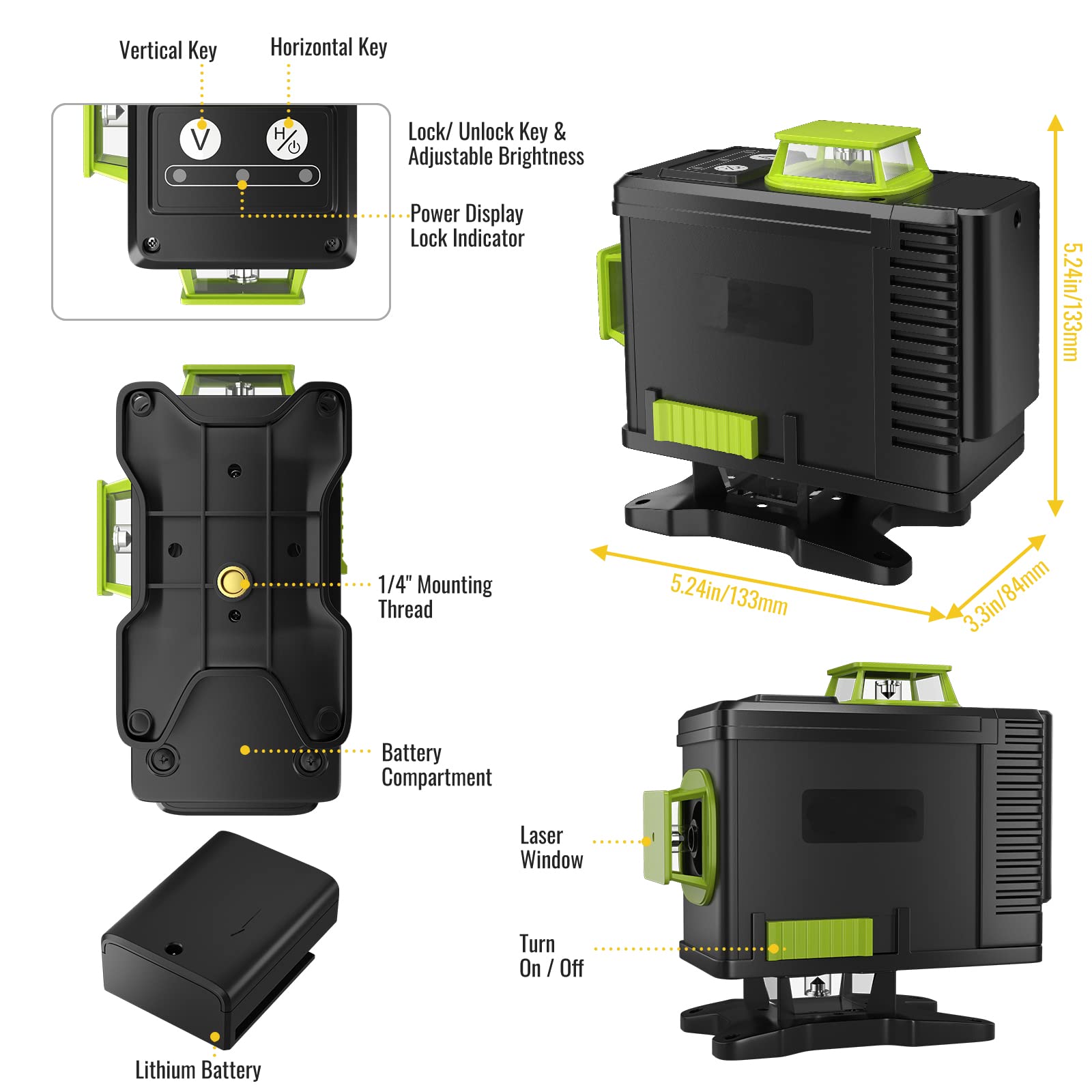 16 Lines Laser Level Self Leveling 4x360 4D Green Cross Line Laser Level with 2 Rechargeable Batteries & Magnetic Lifting Base for Picture Hanging Construction Wall Writing Tile Installation