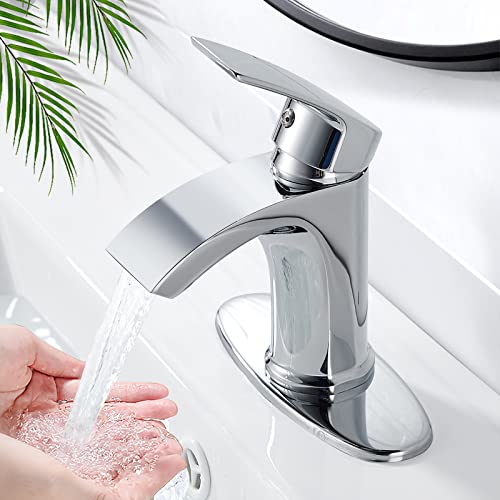 Solepearl Waterfall Bathroom Faucet Chrome, Modern Single Handle Single Hole Bathroom Sink Faucet Flat Spout, 1 or 3 Holes Lavatory Basin Vanity Commercial Solid Brass Faucet with Deck Plate