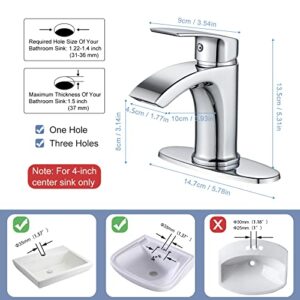 Solepearl Waterfall Bathroom Faucet Chrome, Modern Single Handle Single Hole Bathroom Sink Faucet Flat Spout, 1 or 3 Holes Lavatory Basin Vanity Commercial Solid Brass Faucet with Deck Plate