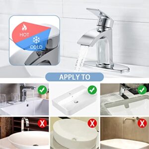 Solepearl Waterfall Bathroom Faucet Chrome, Modern Single Handle Single Hole Bathroom Sink Faucet Flat Spout, 1 or 3 Holes Lavatory Basin Vanity Commercial Solid Brass Faucet with Deck Plate