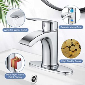 Solepearl Waterfall Bathroom Faucet Chrome, Modern Single Handle Single Hole Bathroom Sink Faucet Flat Spout, 1 or 3 Holes Lavatory Basin Vanity Commercial Solid Brass Faucet with Deck Plate