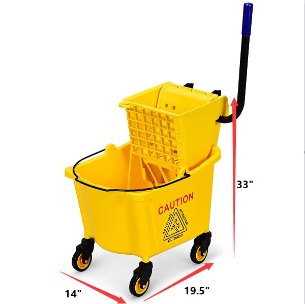 S AFSTAR 24L/26 Quart Commercial Mop Bucket with Wringer, Household Mop Bucket with Wheels & Potable Handle, Industrial Mop Wringer Bucket for Home Office Market Restaurant Hotel (Yellow)