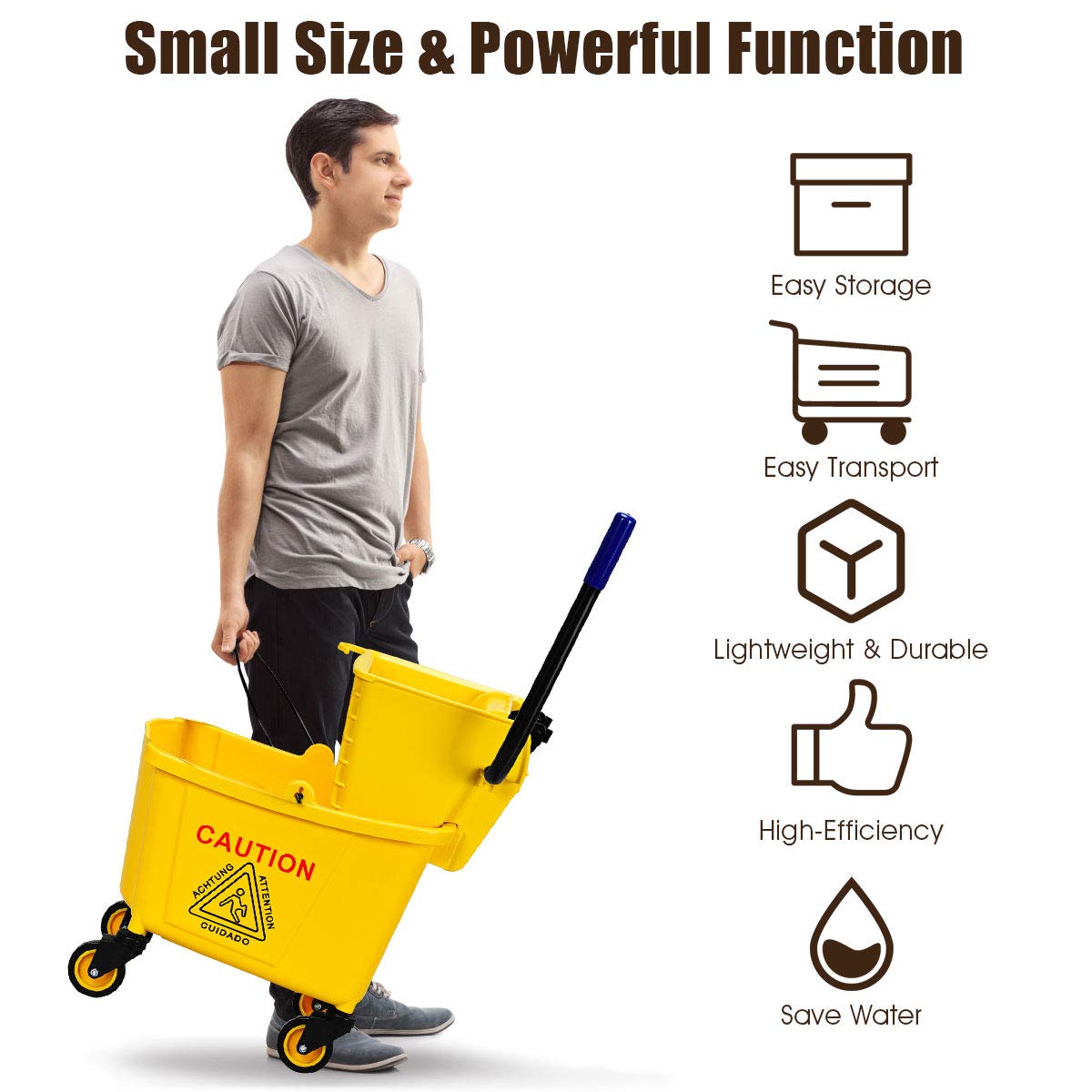 S AFSTAR 24L/26 Quart Commercial Mop Bucket with Wringer, Household Mop Bucket with Wheels & Potable Handle, Industrial Mop Wringer Bucket for Home Office Market Restaurant Hotel (Yellow)