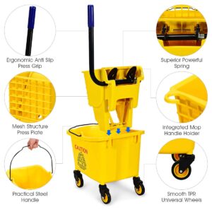 S AFSTAR 24L/26 Quart Commercial Mop Bucket with Wringer, Household Mop Bucket with Wheels & Potable Handle, Industrial Mop Wringer Bucket for Home Office Market Restaurant Hotel (Yellow)