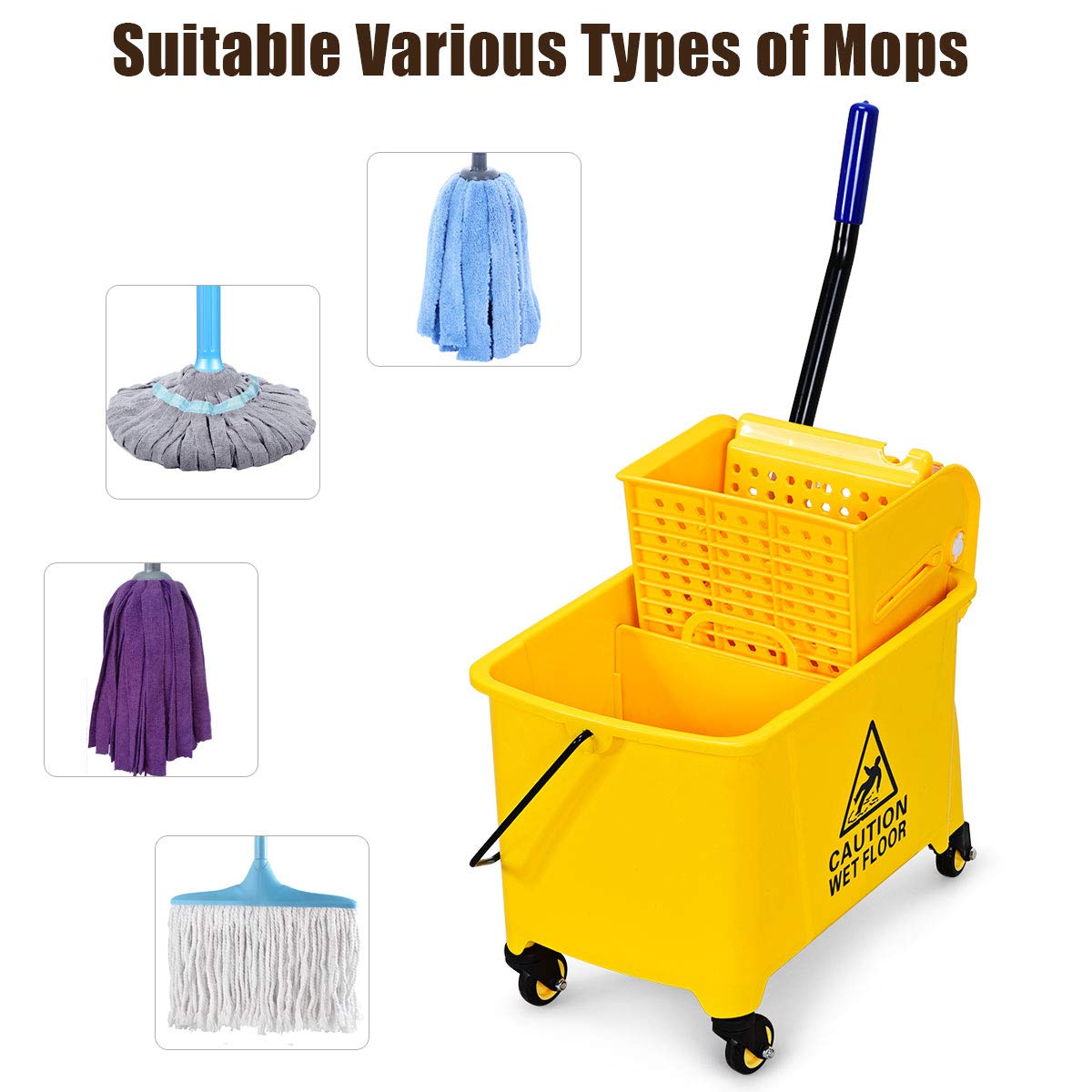 S AFSTAR 20L/21 Quart Commercial Mop Bucket with Wringer, Portable Mop Bucket with Wheels & Handle, Household Mop Wringer Bucket for Home Office Market Restaurant Hotel (Yellow)