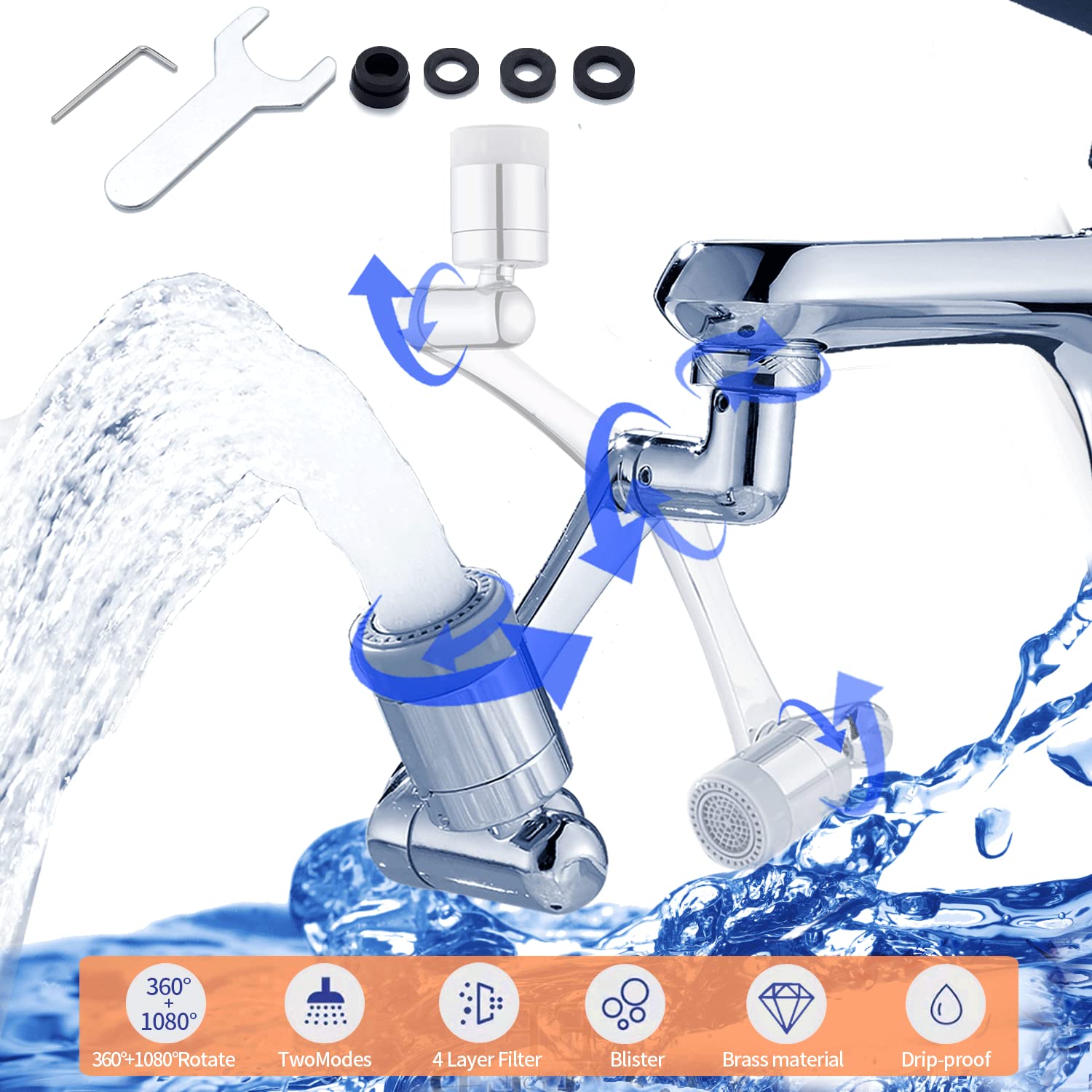 Rotating Faucet Extender Aerator 1080°+360° Universal Large Angle Robotic Arm Water Nozzle Swivel Faucet Extender, Bathroom Sink Faucet, Aerator Face Washing, Gargle and Eyewash Station