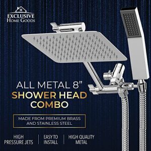 All Metal Shower Head 8" Dual Square Shower Head With Handheld Wand 71in Hose Set, High Pressure Rain Shower Heads Combo, 3-Way Diverter Rainfall Showerhead with Adjustable Extension Arm