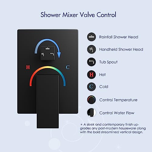 Eridanus Shower System with Tub Spout, Rough-in Valve Included, Shower Trim Kit Complete Set, 3-Function Rainfall Faucet Combo Sets, 10-inch Shower Head with Handheld and Tub Filler, Black Matte