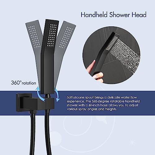 Eridanus Shower System with Tub Spout, Rough-in Valve Included, Shower Trim Kit Complete Set, 3-Function Rainfall Faucet Combo Sets, 10-inch Shower Head with Handheld and Tub Filler, Black Matte