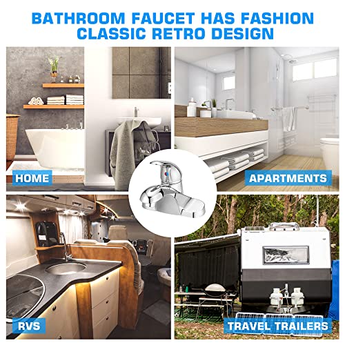 PHICHI Single Handle 4 inch Centerset Chrome Bathroom Faucet, Low Arc Basin Mixer Tap Vanity Faucets for Sink 3 Hole, with Hot & Cold Water Supply Lines