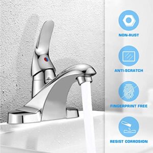 PHICHI Single Handle 4 inch Centerset Chrome Bathroom Faucet, Low Arc Basin Mixer Tap Vanity Faucets for Sink 3 Hole, with Hot & Cold Water Supply Lines