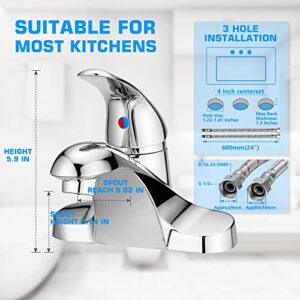 PHICHI Single Handle 4 inch Centerset Chrome Bathroom Faucet, Low Arc Basin Mixer Tap Vanity Faucets for Sink 3 Hole, with Hot & Cold Water Supply Lines