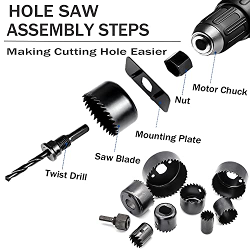 Hole Saw Kit, 16-Piece Set. Specially Constructed Heat Treated Carbon Steel, Metal Hole Saw Kit Mandrels, Ideal for Soft Wood, PVC Board，Wood, Plastic, Drywall