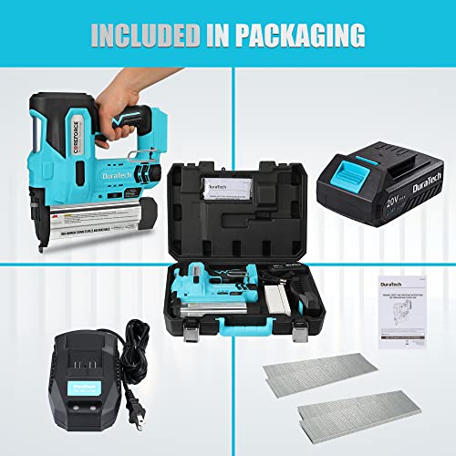 DURATECH 20V Cordless Brad Nailer, 18 Gauge, 2-in-1 Nail/Staple Gun for Upholstery, Carpentry, Including 2.0Ah Rechargeable Battery, 1H Quick Charger, 1000 Staples, 1000 Nails and Carrying Case