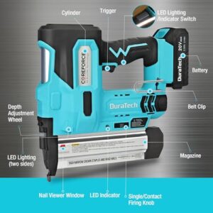 DURATECH 20V Cordless Brad Nailer, 18 Gauge, 2-in-1 Nail/Staple Gun for Upholstery, Carpentry, Including 2.0Ah Rechargeable Battery, 1H Quick Charger, 1000 Staples, 1000 Nails and Carrying Case