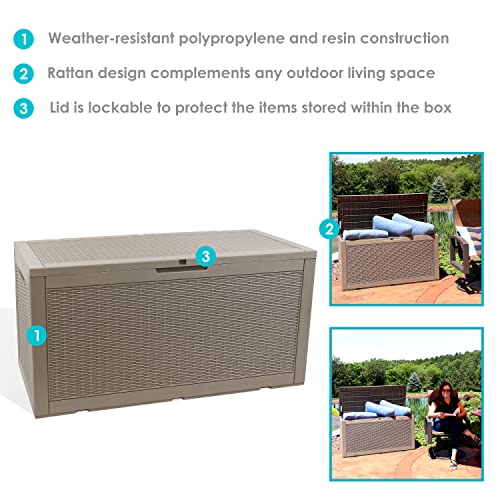 Sunnydaze 100-Gallon Faux Rattan Outdoor Deck Storage Box - Lockable Lid and Side Handles - Driftwood