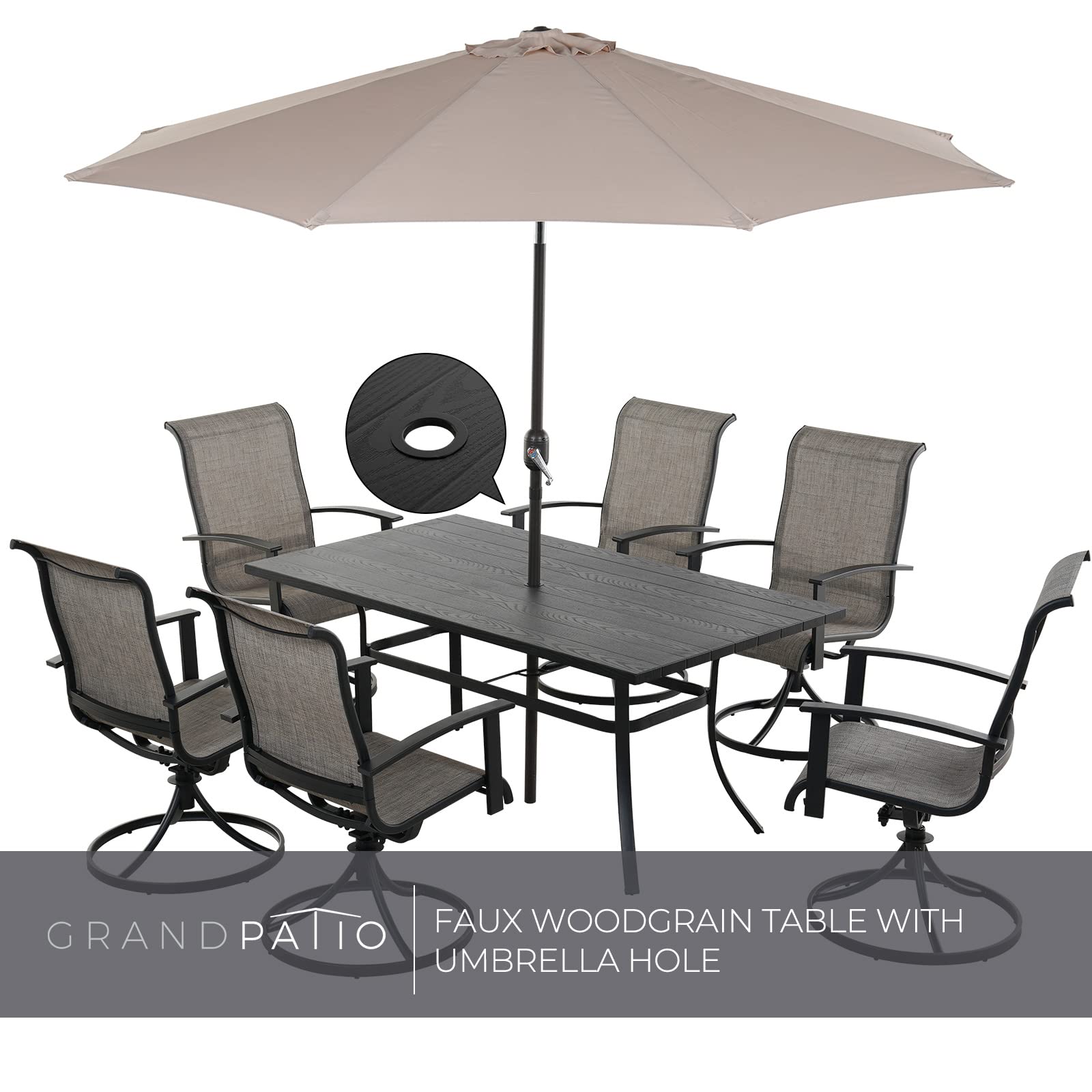 Grand patio Outdoor Swivel Dining Set of 7, 6-Piece Mesh Sling Rocking Chairs, 1-Piece Large Woodgrain Rectangular Steel Dining Table with Umbrella Hole, Mixed Coffee