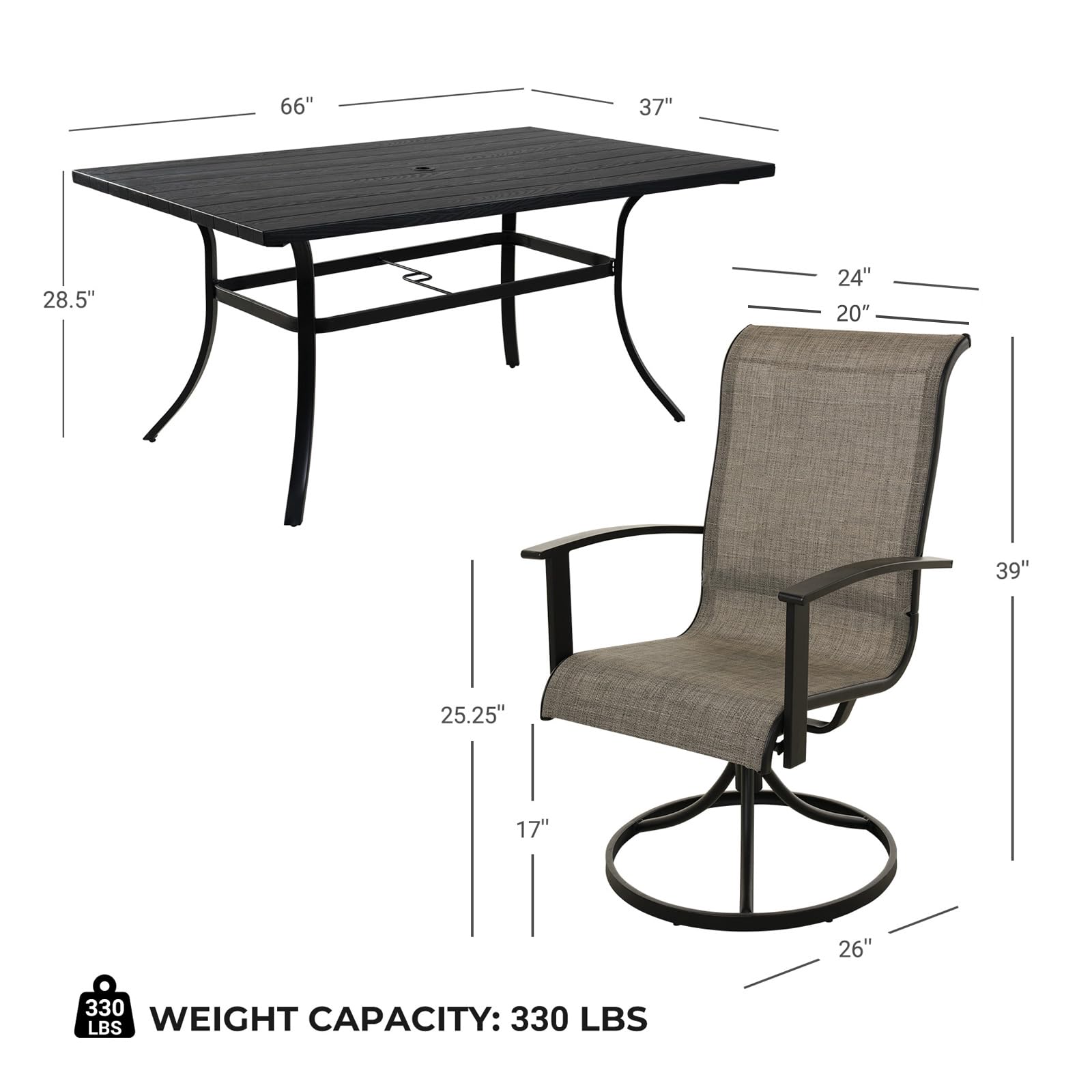 Grand patio Outdoor Swivel Dining Set of 7, 6-Piece Mesh Sling Rocking Chairs, 1-Piece Large Woodgrain Rectangular Steel Dining Table with Umbrella Hole, Mixed Coffee