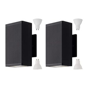 mirrea 8in modern outdoor patio light with 2 5w led gu10 replaceable bulbs in matte black rectangular aluminum sconce up and down outside porch light pack of 2