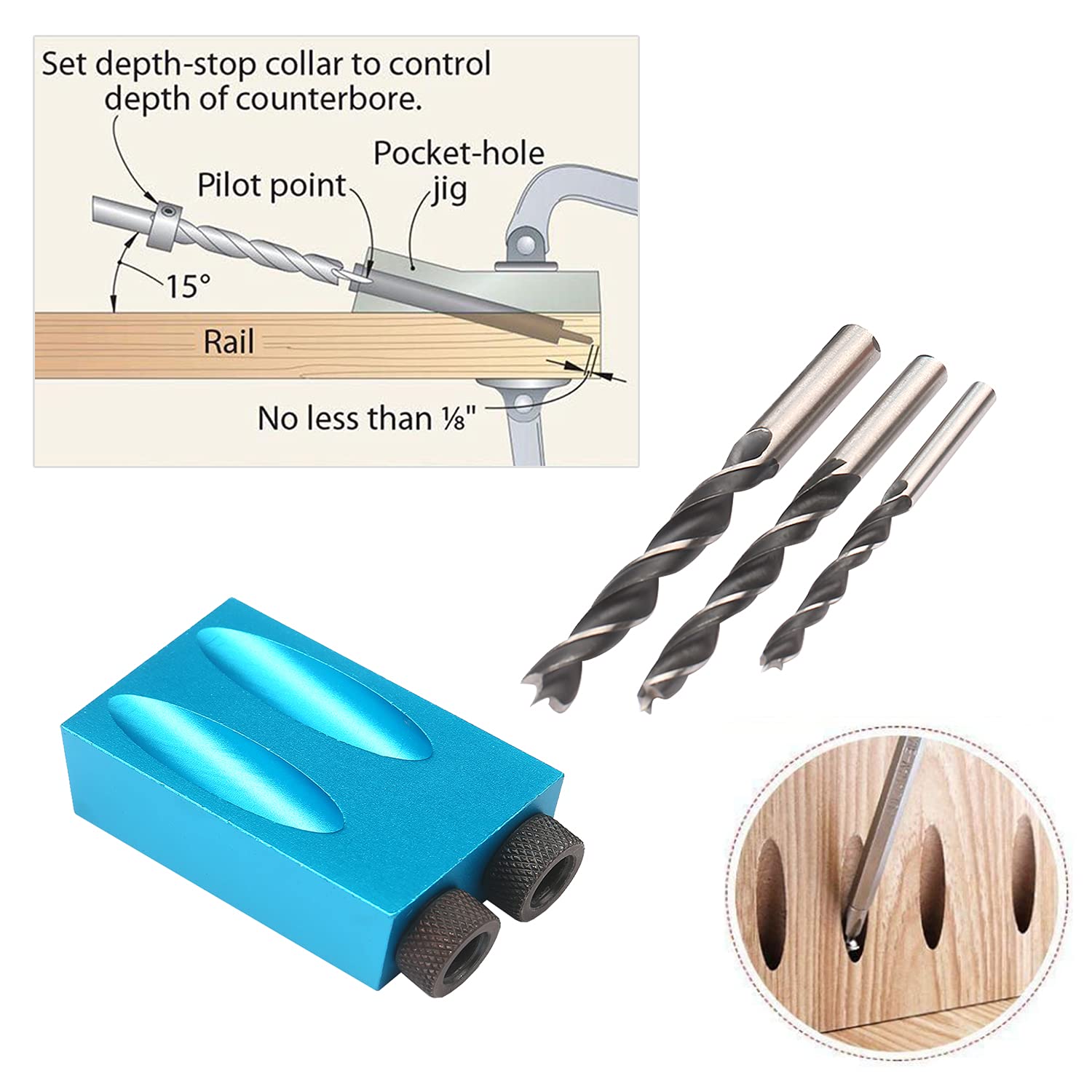 15Pcs Pocket Hole Jig, 15 Degree Dowel Drill Joinery Kit Hole Screw Jig with 6/8/10mm Drive Adapter for Woodworking Angle Drilling Holes, Angle Carpentry Locator Jig