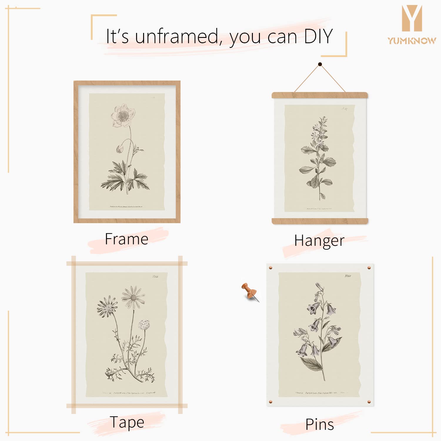 Vintage Botanical Plant Wall Art Prints - Neutral Boho Minimalist Flower Floral Posters Picture for Bathroom, Kitchen, Home Office - Beige French Counry Farmhouse Room Decor - Aesthetic Study Sketch