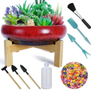 succulent pots with drainage, large succulent planters with 2.2lb mini rainbow gravel pebbles, planting tools set for beginner, shallow bonsai pot with stand ceramic cactus flower plant container bowl