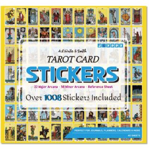 joyppy mini tarot stickers for journaling - 1008 pcs tarot card stickers based on rider waite tarot deck - 1.25" x 0.78" - clear printing & glossy finish – 4 tarot cheat sheets included