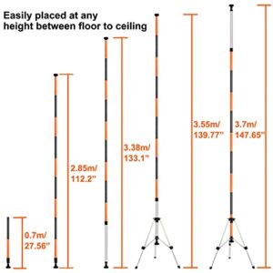 KEZERS Laser Level Pole with Tripod,12Ft./3.7M Telescoping Pole for Laser Levels,1/4”-20 Laser Mount for Rotary and Line Laser Level,Adjustable Pole and Tripod with 5/8”-11 Threaded Adapter-FLP370B