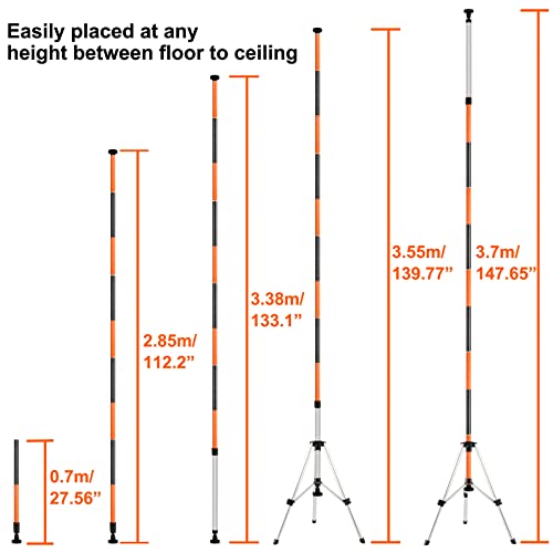 KEZERS Laser Level Pole with Tripod,12Ft./3.7M Telescoping Pole for Laser Levels,1/4”-20 Laser Mount for Rotary and Line Laser Level,Adjustable Pole and Tripod with 5/8”-11 Threaded Adapter-FLP370B