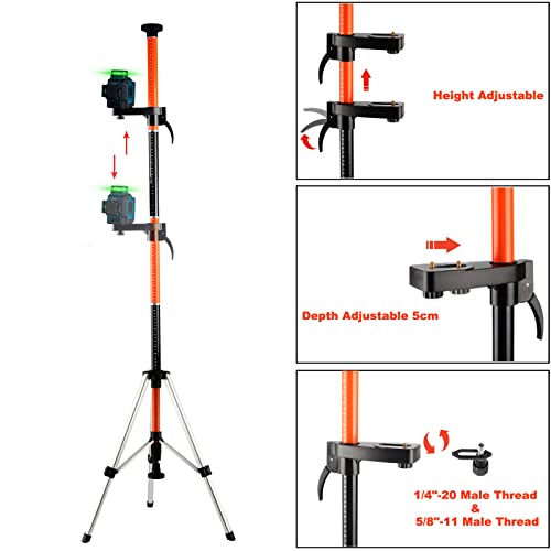 KEZERS Laser Level Pole with Tripod,12Ft./3.7M Telescoping Pole for Laser Levels,1/4”-20 Laser Mount for Rotary and Line Laser Level,Adjustable Pole and Tripod with 5/8”-11 Threaded Adapter-FLP370B