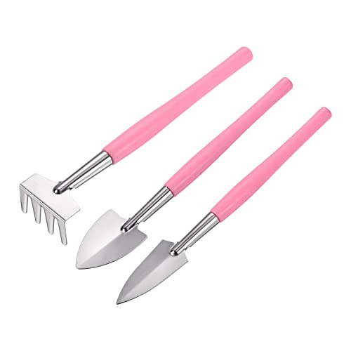 MECCANIXITY Gardening Tools 3 Pack Iron Spade Rake Transplanting Plants Care Digging Kits, Pink