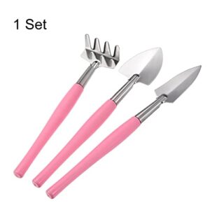 MECCANIXITY Gardening Tools 3 Pack Iron Spade Rake Transplanting Plants Care Digging Kits, Pink