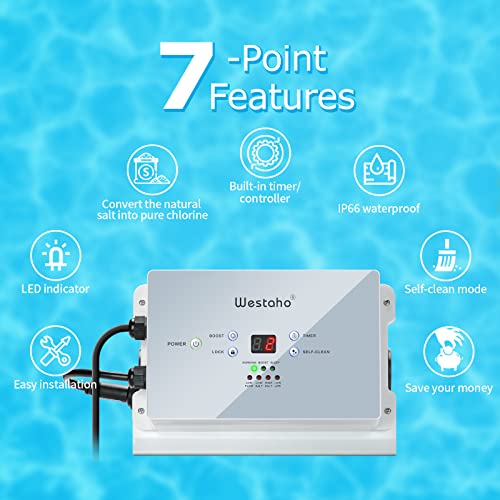 Saltwater Pool System, Westaho Salt Chlorine Generator for Above Ground Pools Up to 15,000 Gallons, Keeps Pool Water Clean, IP 66 Waterproof