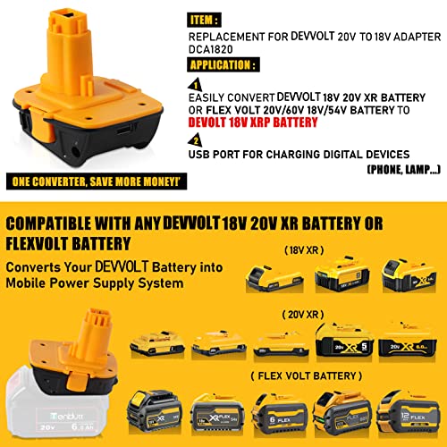 TenHutt 【with USB】 Replace for Devolt 18V to 20V Battery Adapter Converter DCA1820 for Devolt 18V Tools, Convert Devolt 20V Battery DCB203 DCB206 to Devolt 18V XRP NiCd NiMh Battery DC9098 DC9096