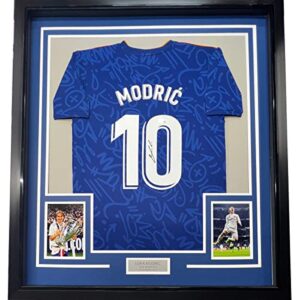 framed autographed/signed luka modric 33x42 real madrid blue soccer jersey beckett bas coa
