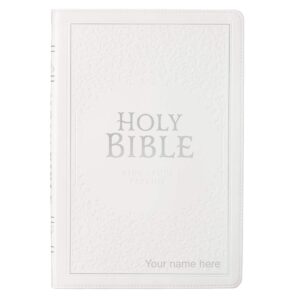 personalized kjv holy bible, thinline large print faux leather red letter - thumb index & ribbon marker, king james version, white, baptism, graduations, wedding, confirmation king james version,
