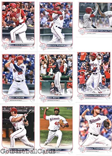 2022 Topps Complete (Series 1 & 2) Washington Nationals Team Set of 19 Cards: Mason Thompson(#38), Josiah Gray(#43), Jakson Reetz(#61), Alcides Escobar(#116), Juan Soto(#150), Riley Adams(#158), Washington Nationals(#218), Gerardo Parra(#220), Ryan Zimmer