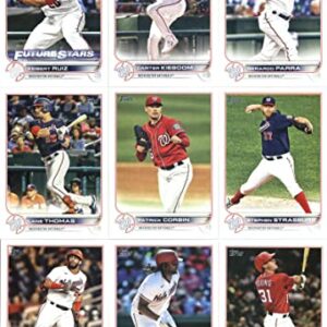 2022 Topps Complete (Series 1 & 2) Washington Nationals Team Set of 19 Cards: Mason Thompson(#38), Josiah Gray(#43), Jakson Reetz(#61), Alcides Escobar(#116), Juan Soto(#150), Riley Adams(#158), Washington Nationals(#218), Gerardo Parra(#220), Ryan Zimmer