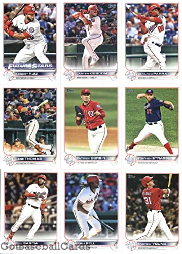 2022 Topps Complete (Series 1 & 2) Washington Nationals Team Set of 19 Cards: Mason Thompson(#38), Josiah Gray(#43), Jakson Reetz(#61), Alcides Escobar(#116), Juan Soto(#150), Riley Adams(#158), Washington Nationals(#218), Gerardo Parra(#220), Ryan Zimmer