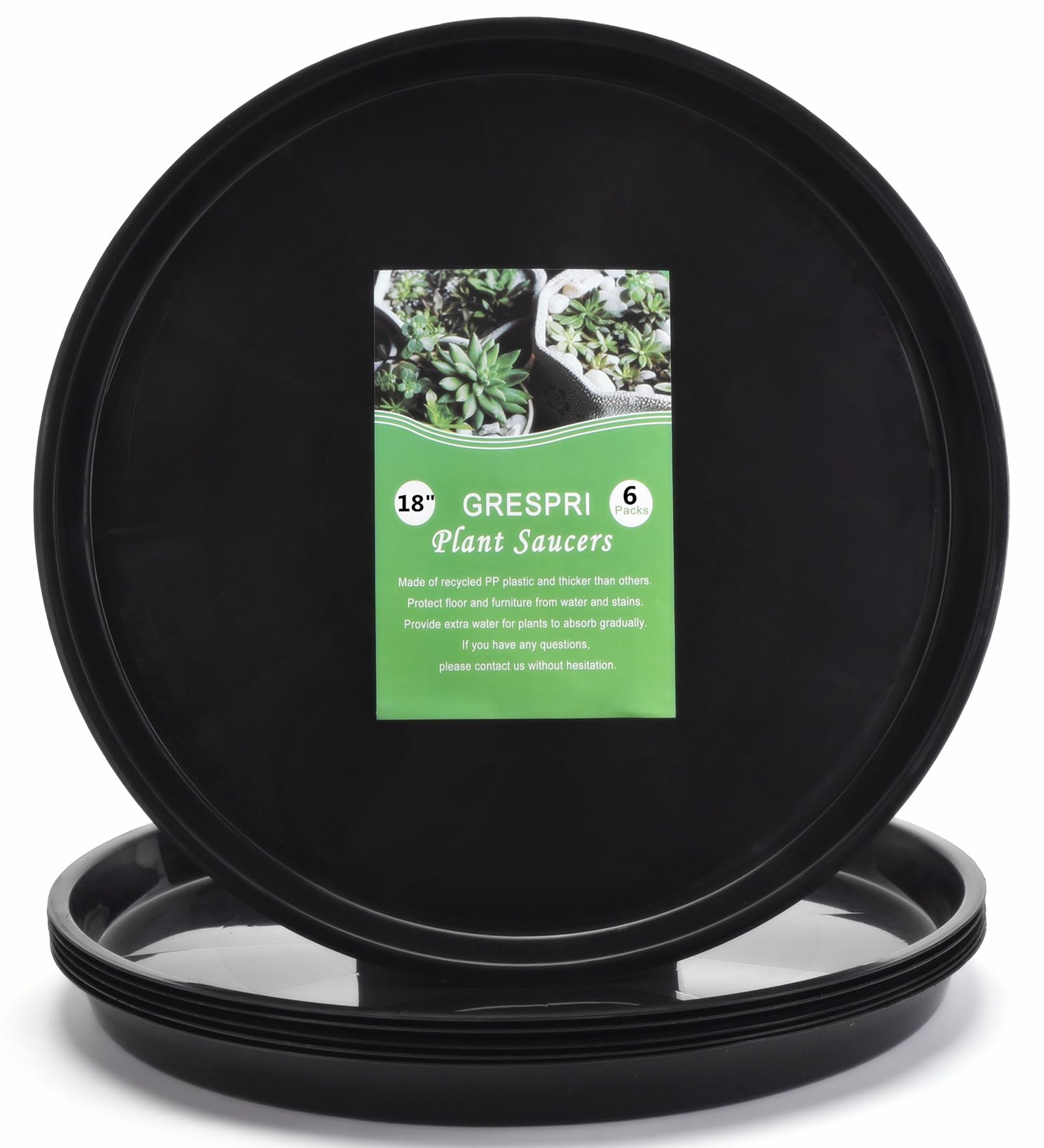 GRESPRI 18 Inches Sturdy Black Plant Saucers 6 Packs Heavy-Duty Large Plant Trays, Durable Plant Pot Containers, Plastic Plant Drip Trays for Indoor/Outdoor Plants. (16.2 inches in Base)