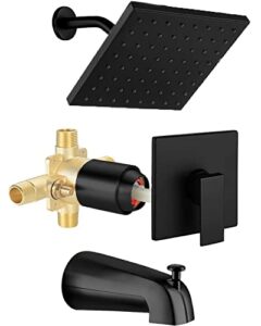 sunzoe shower faucet set with tub spout matte black anti-scald pressure balanced bathtub shower faucet set 8 inch shower head wall mounted rainfall shower system rough-in valve body included